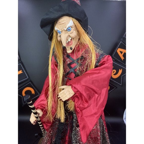 Halloween Witch Doll  Broom Hat Black & Orange 24 Inch Tall Tested & Working - Picture 2 of 7